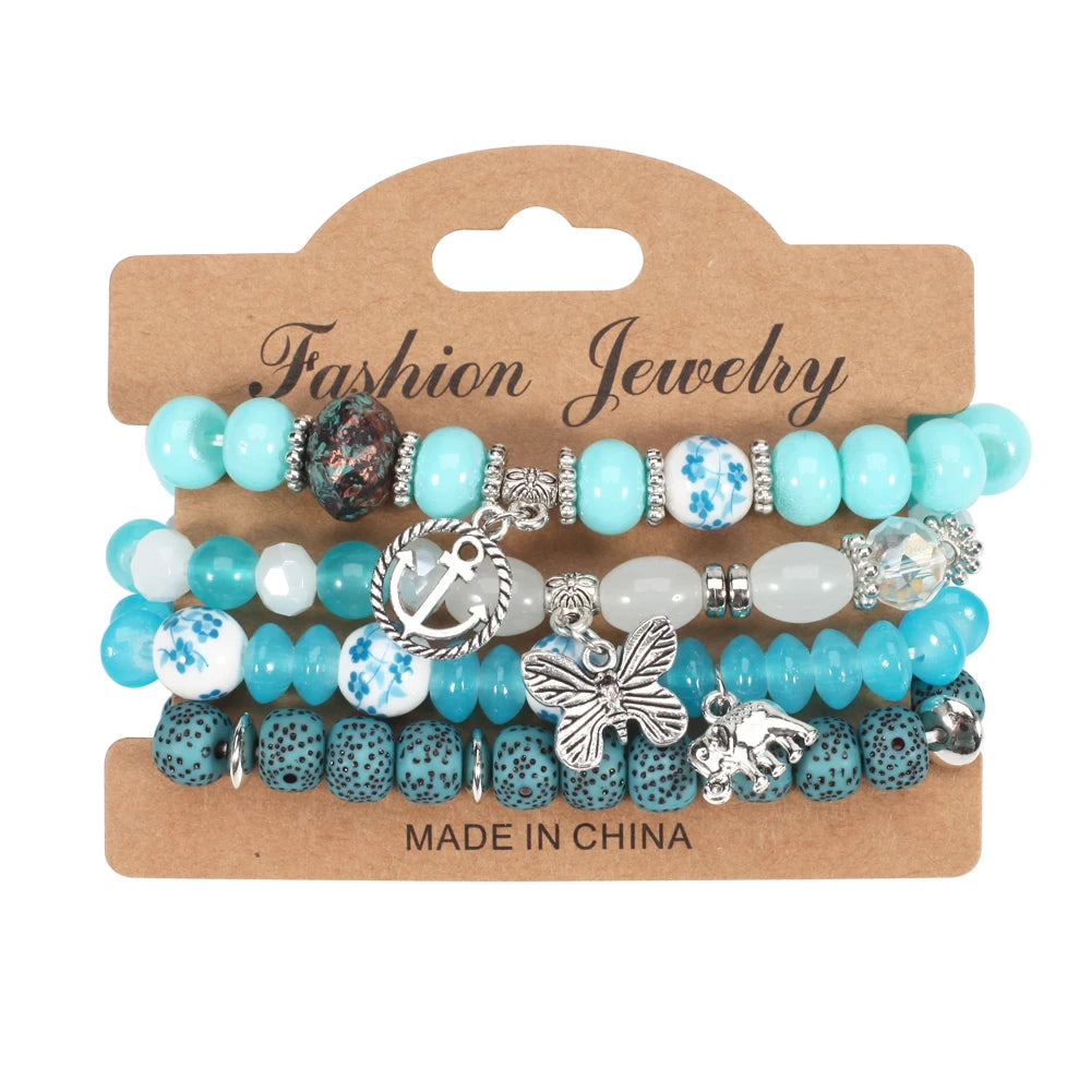 Bohemian Bracelets Set for Women - Stackable Butterfly Elephant Anchor Pendant Beads Bracelet Collection