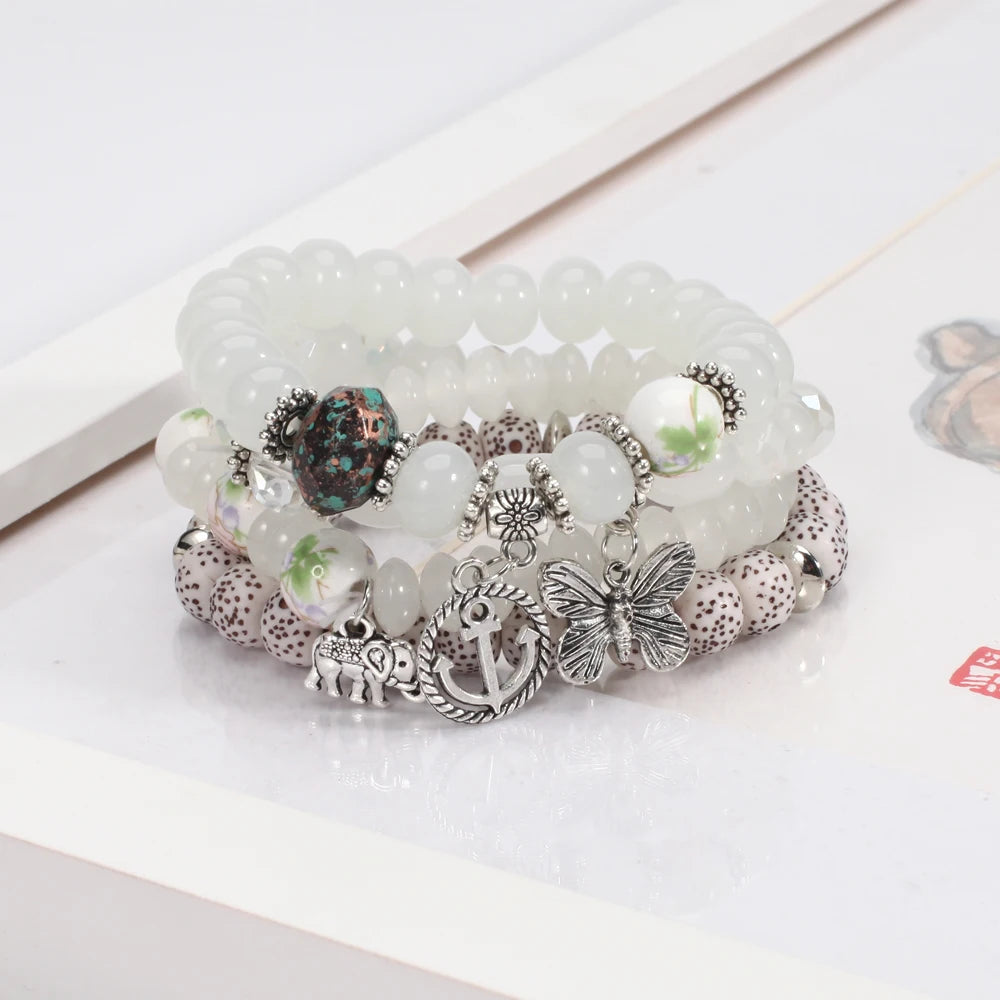 Bohemian Bracelets Set for Women - Stackable Butterfly Elephant Anchor Pendant Beads Bracelet Collection