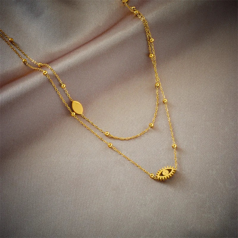 Stainless Steel Multilayer 2-in-1 Eye Pendant Necklace - Trendy Women's Clavicle Chain Jewelry Gift