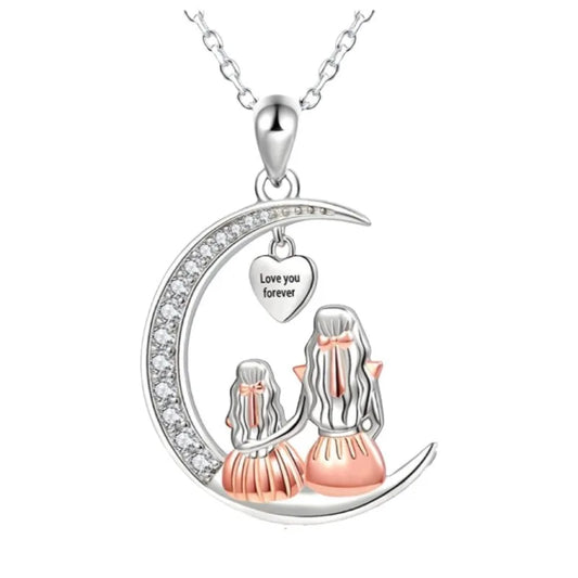 Mom Daughter Moon Pendant Necklace - "Love You Forever" Heart Jewelry Gift for Mother's Day, Birthdays & Special Occasions