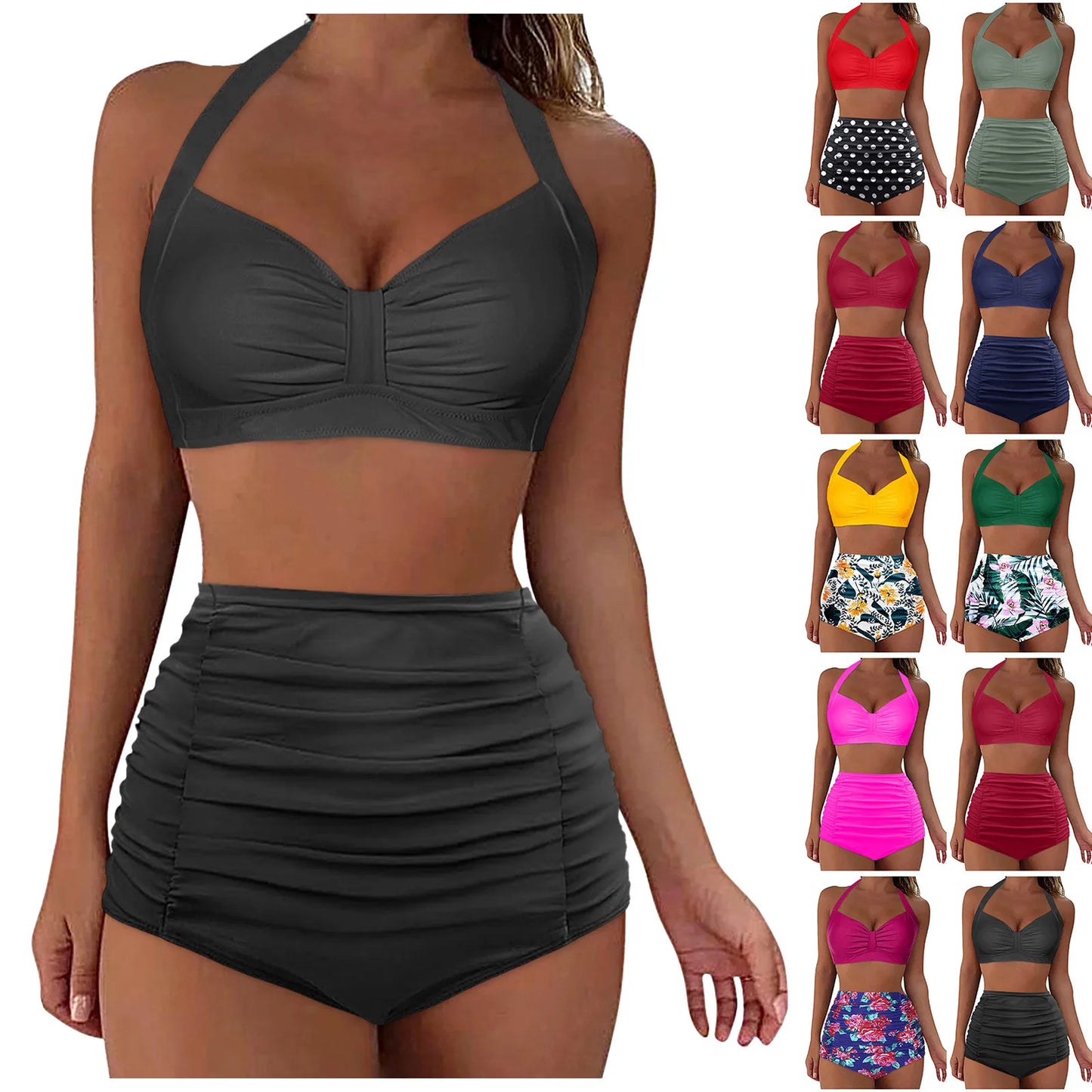 High Waisted Push-Up Tankini Set - Vintage Two-Piece Swimsuit with Underwire Support