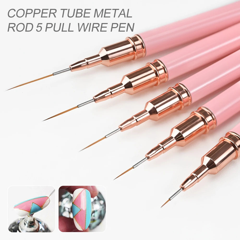 5Pcs Pink French Nail Art Liner Painting Brush Set - Ultra-thin 7/10/12/15/20m Elongated Lines Drawing Pen DIY Manicure