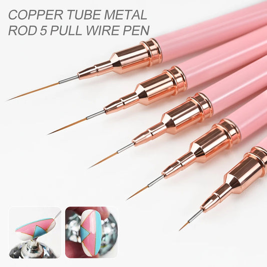 5Pcs Pink French Nail Art Liner Painting Brush Set - Ultra-thin 7/10/12/15/20m Elongated Lines Drawing Pen DIY Manicure