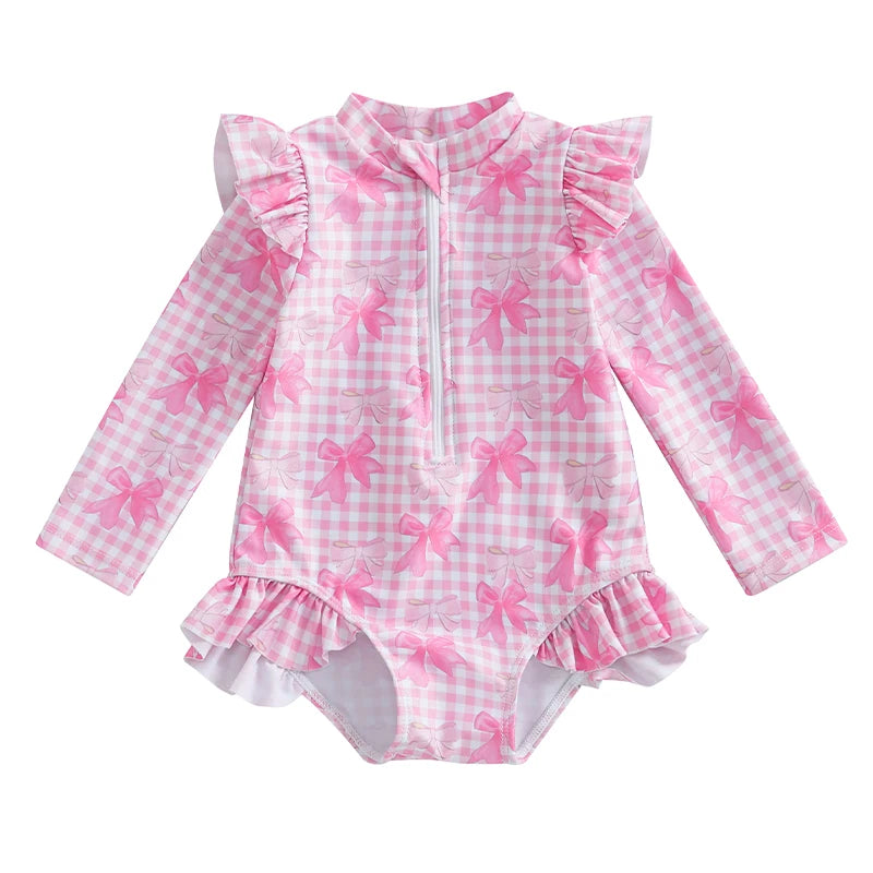 Baby Girl Floral Swimsuit - Backless Ruffled Long Sleeve Bodysuit (0-4 Years)