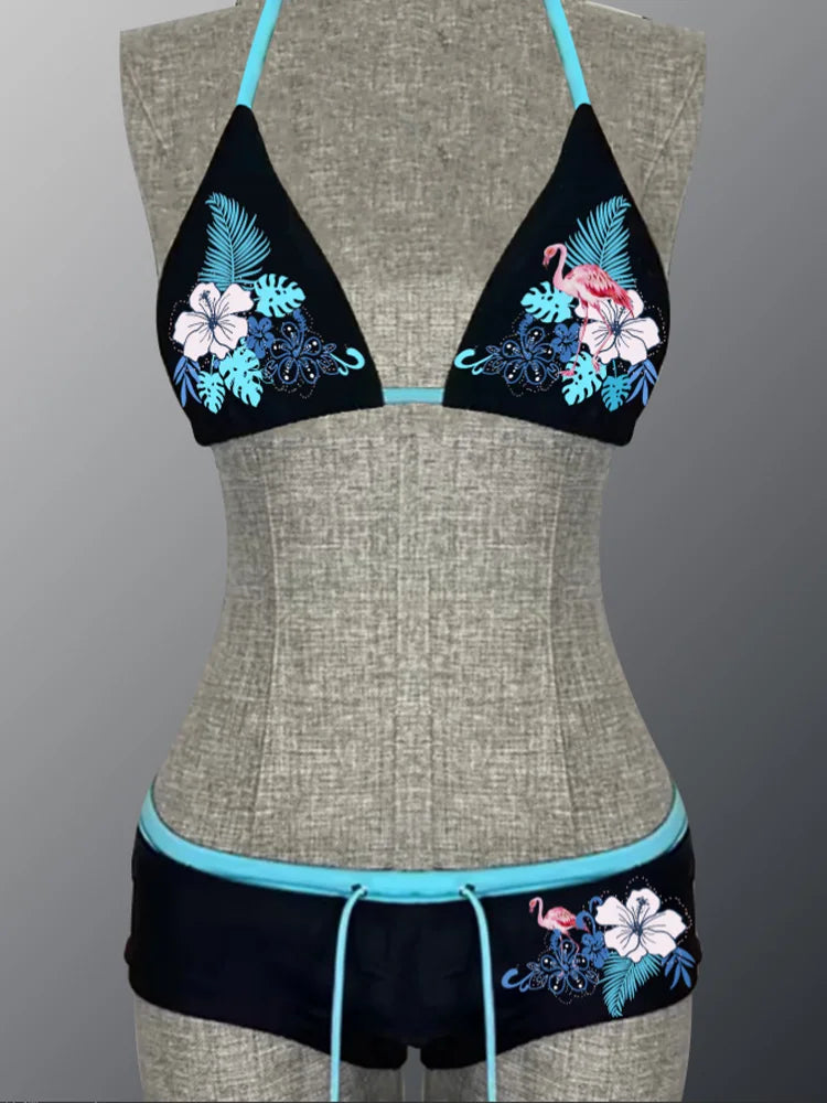 Sexy Floral Print Lace-Up Backless Bikini Set - High Waist Two-Piece Swimsuit (S-L)