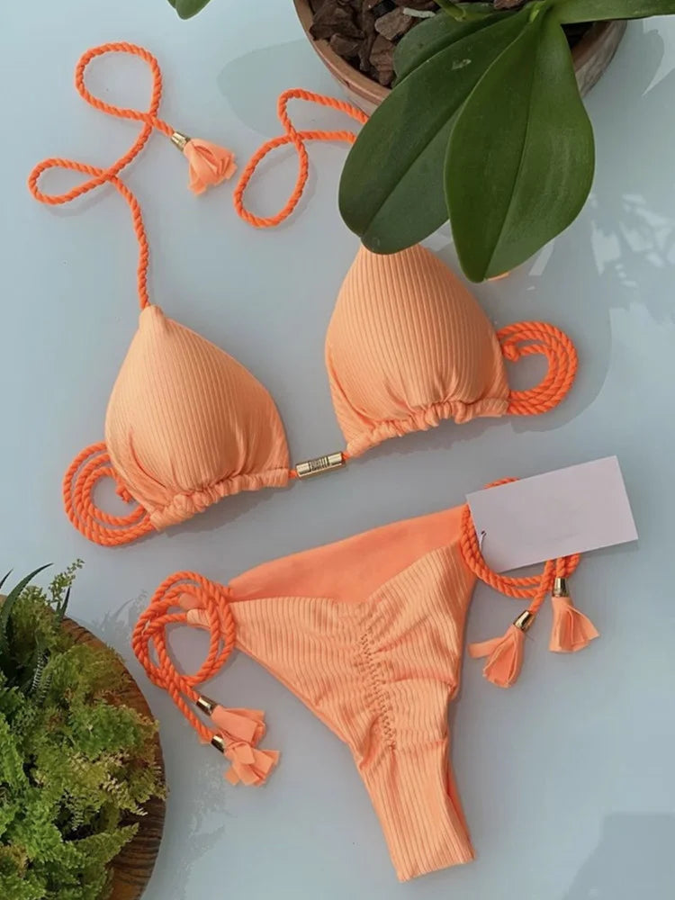 Women's Backless Triangle Bikini Set - Multicolor Rope Tie Swimsuit