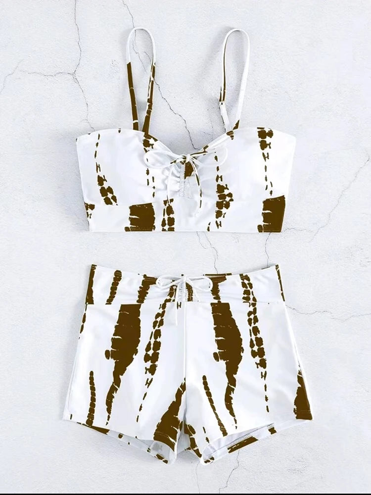 Drawstring Front Shorts Bikinis 2025 High Waist Swimsuit Women Swimwear Two-Piece Set
