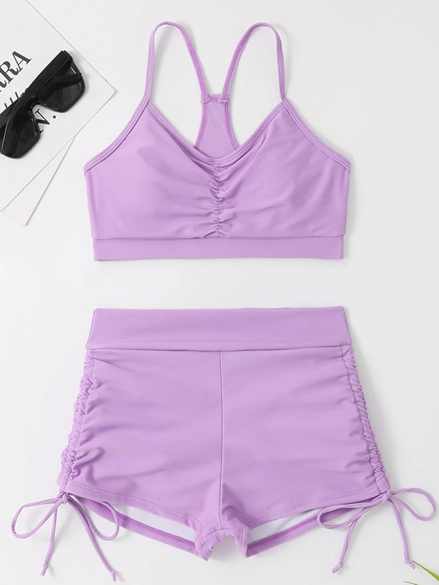 Drawstring Front Shorts Bikinis 2025 High Waist Swimsuit Women Swimwear Two-Piece Set