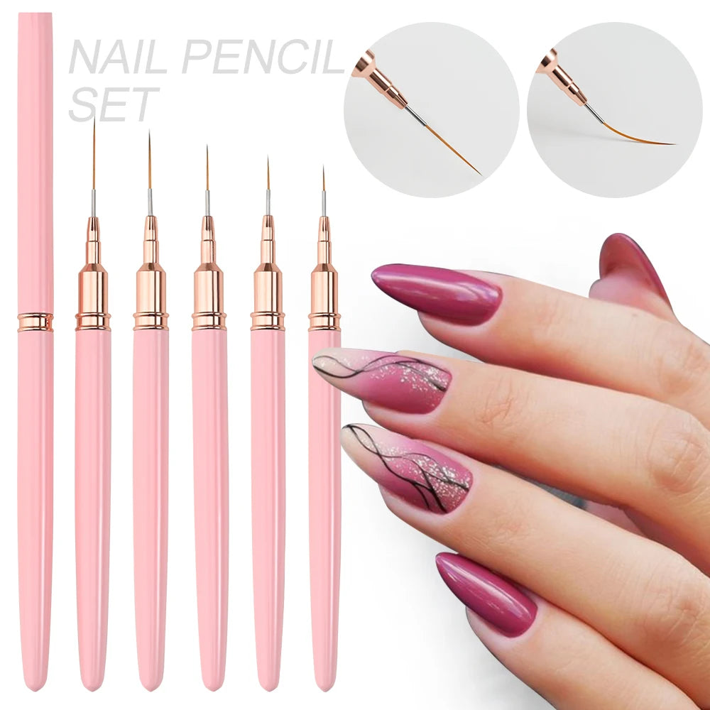 5Pcs Pink French Nail Art Liner Painting Brush Set - Ultra-thin 7/10/12/15/20m Elongated Lines Drawing Pen DIY Manicure