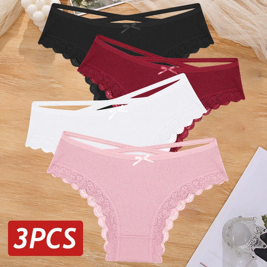 3PCS Women's Cotton Panties Set - Low Rise Lace Brazilian Bikini Underwear with Bow Detail (S-XL)