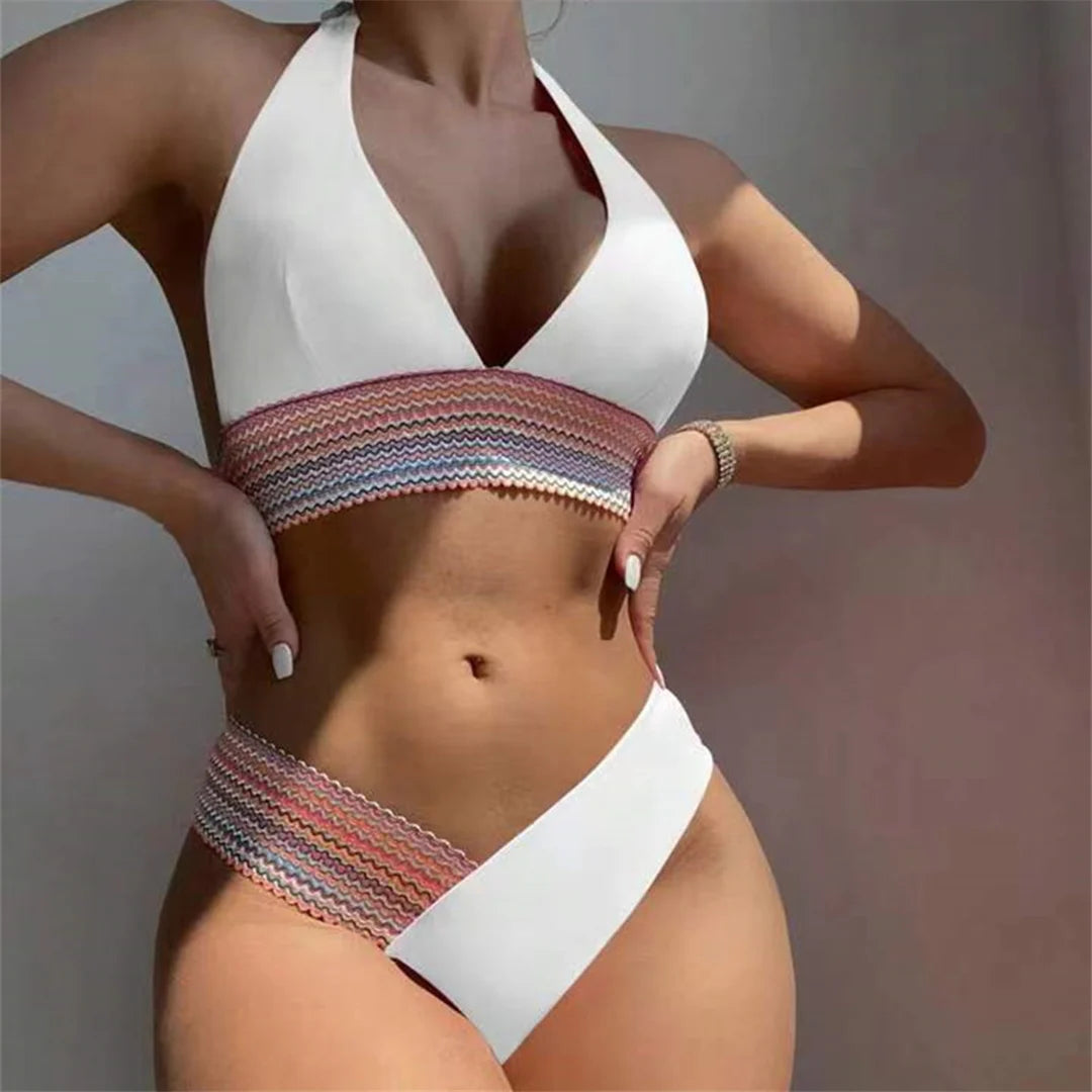 5-Color Splicing Halter V-Neck Bikini Set - Wire-Free Two-Piece Swimsuit (S-XL)