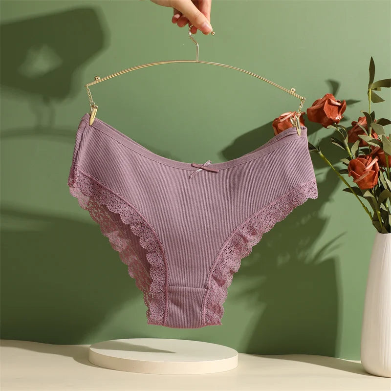 3PCS Women's Cotton Panties Set - Low Rise Lace Brazilian Bikini Underwear with Bow Detail (S-XL)