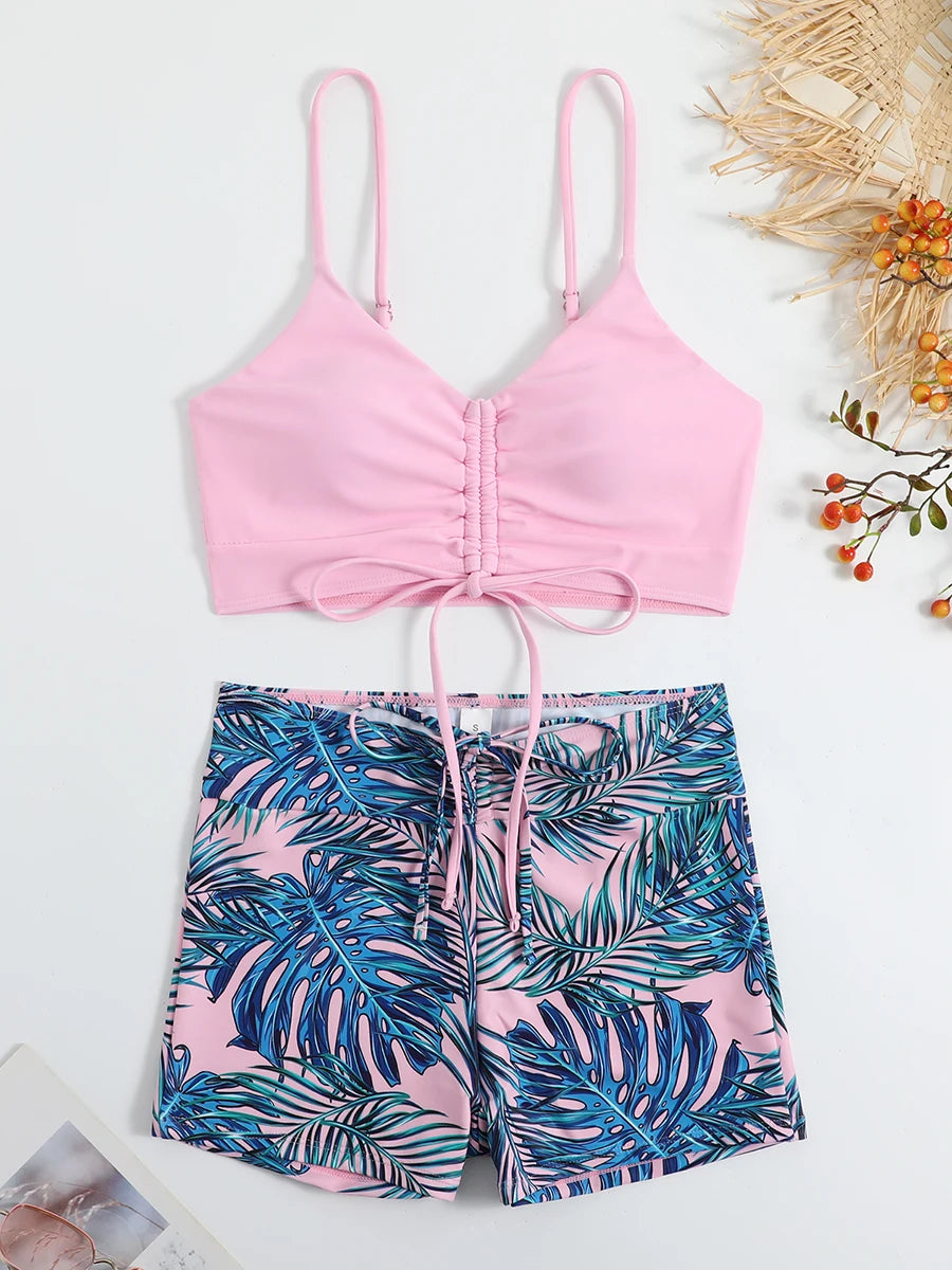Drawstring Front Shorts Bikinis 2025 High Waist Swimsuit Women Swimwear Two-Piece Set