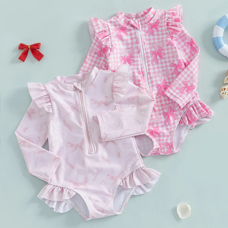 Baby Girl Floral Swimsuit - Backless Ruffled Long Sleeve Bodysuit (0-4 Years)