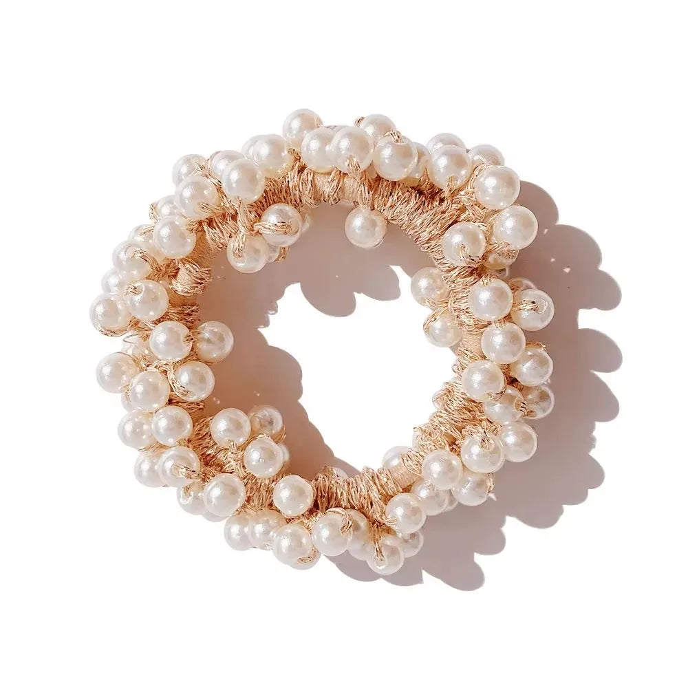 Elegant Pearl Hair Scrunchies Set - Beaded Elastic Hair Ties for Women - Ponytail Holders with Decorative Pearls