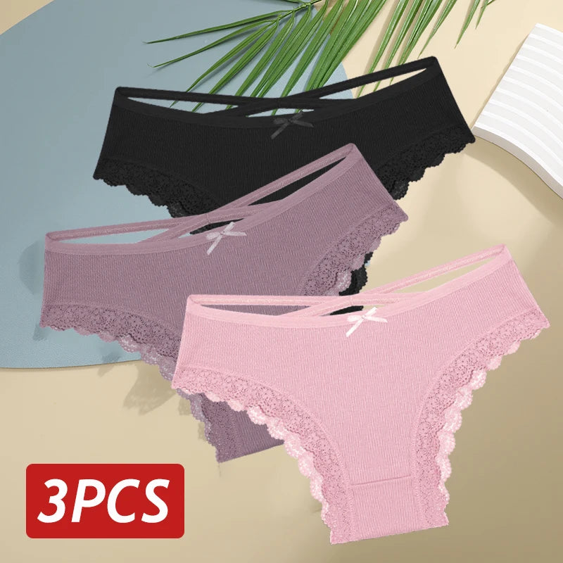 3PCS Women's Cotton Panties Set - Low Rise Lace Brazilian Bikini Underwear with Bow Detail (S-XL)