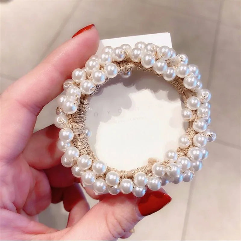 Elegant Pearl Hair Scrunchies Set - Beaded Elastic Hair Ties for Women - Ponytail Holders with Decorative Pearls