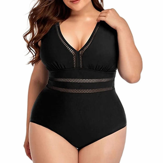 Women's Large Size Swimsuit Solid Color Mesh Stitching Printed Bikini Set