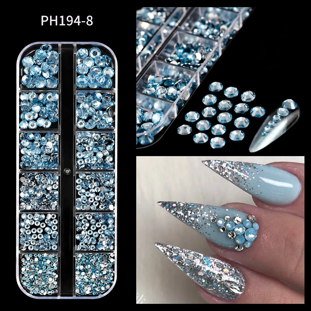 12-Grid Ocean Gold Nail Art Charms Set - Shell, Seahorse & Starfish with White Pearl Gems & Metal Studs