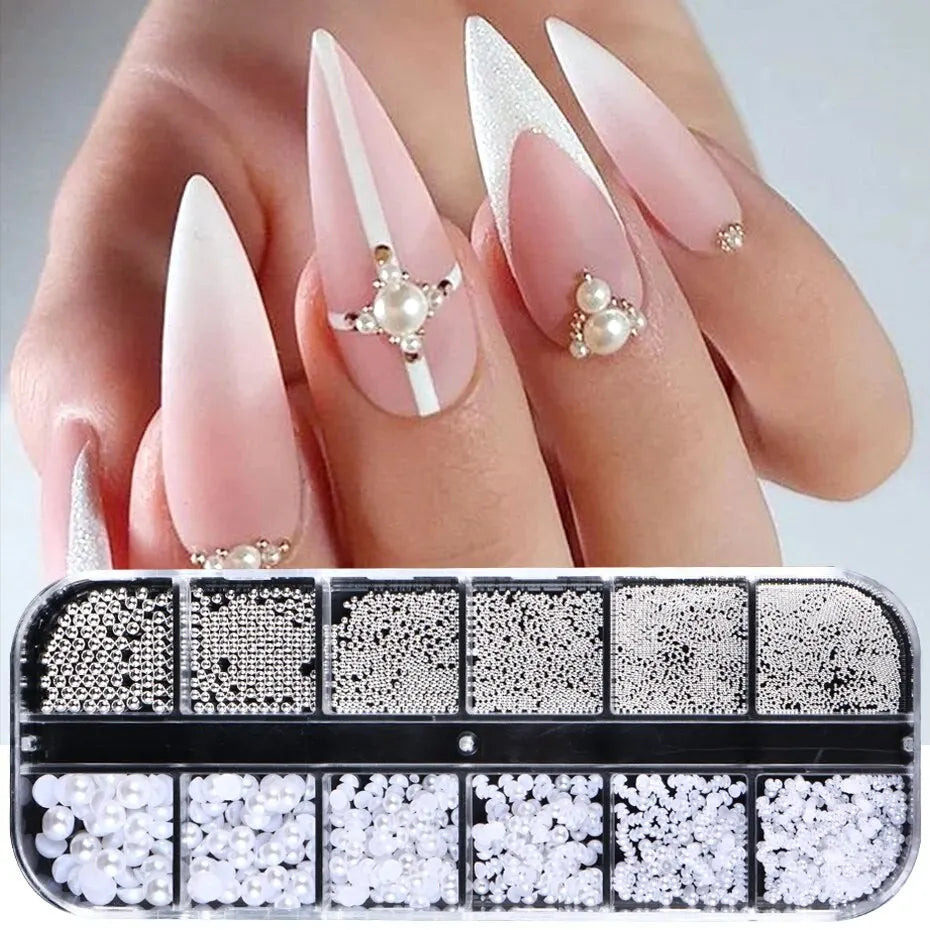12-Grid White Pearl Nail Charms Set - Caviar Beads & Half Pearls for DIY Manicure Art