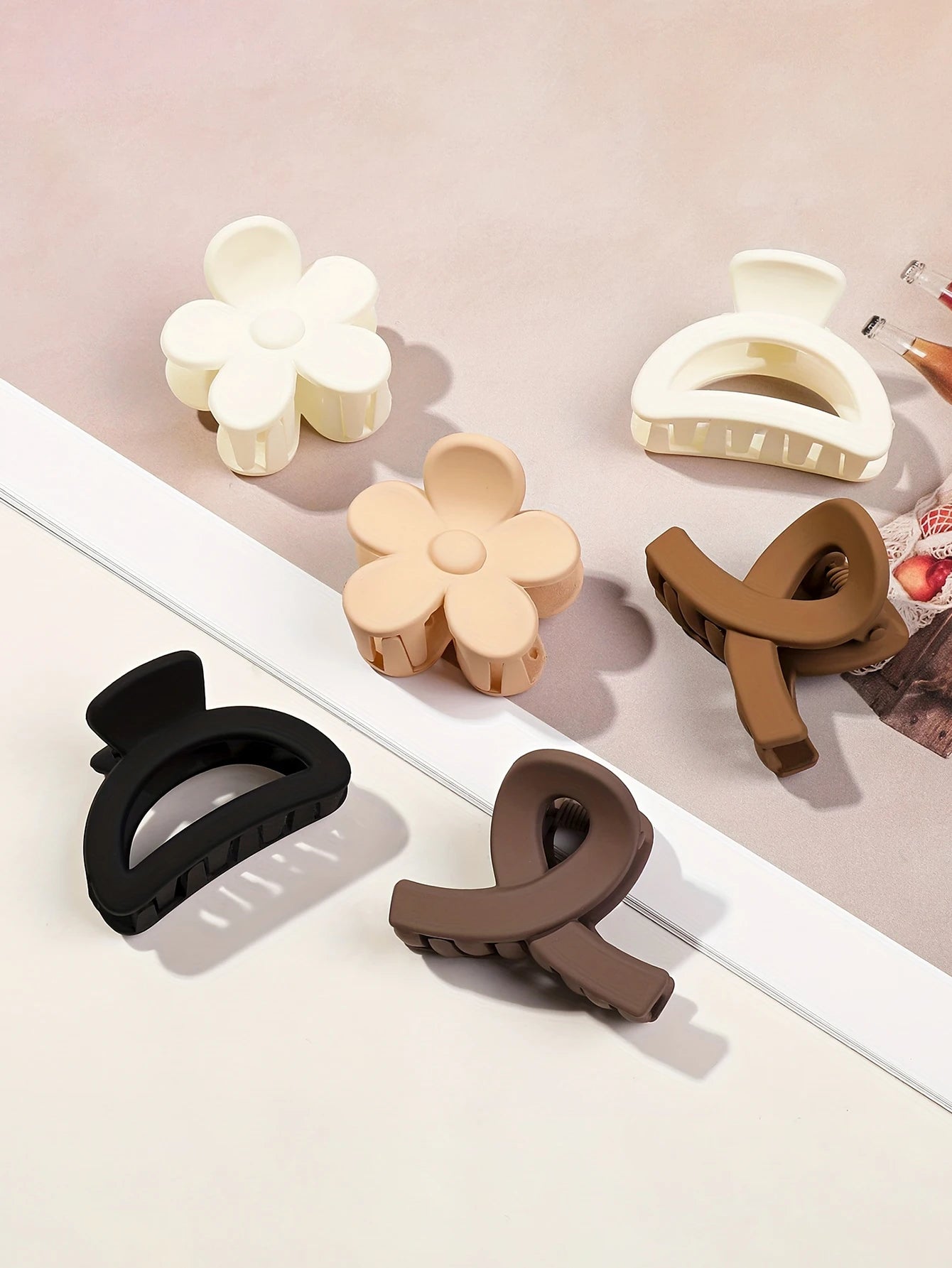 5-Piece Small Flower Hair Claw Clips Set - Matte Rectangle Jaw Clips & Semicircle Barrettes for Thin Hair