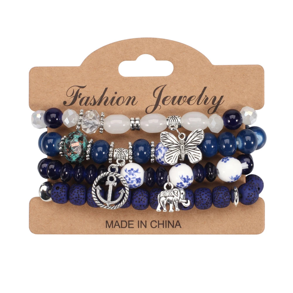 Bohemian Bracelets Set for Women - Stackable Butterfly Elephant Anchor Pendant Beads Bracelet Collection