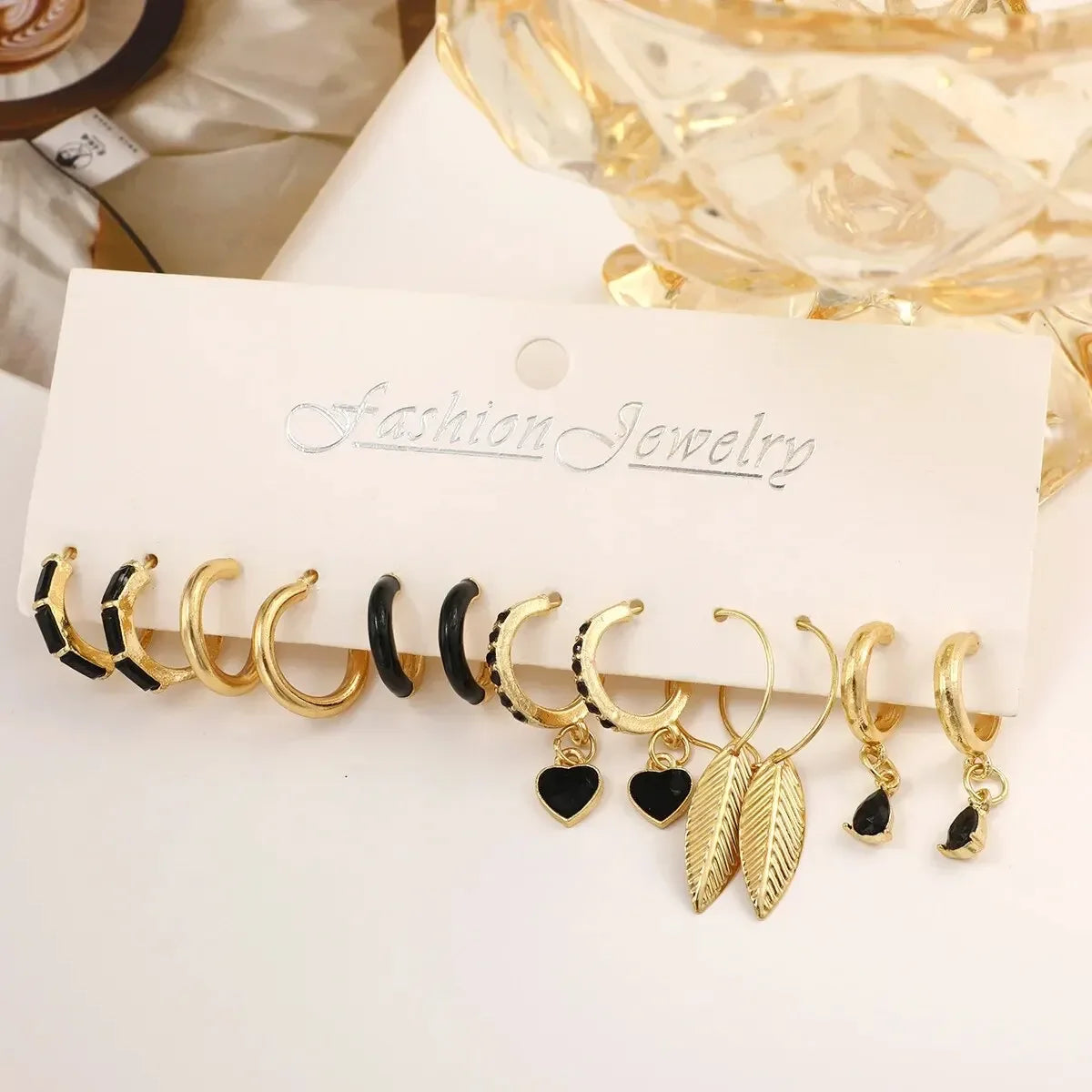 Simple 11 Pcs Black Heart Leaf Butterfly Earrings Set - Women's Fashion Vintage Hoop Earring Collection Holiday Wedding Jewelry Gift