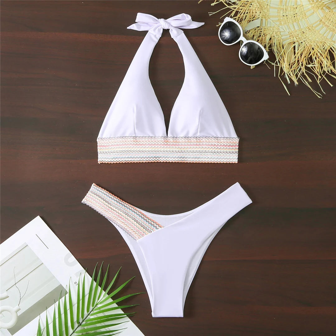 5-Color Splicing Halter V-Neck Bikini Set - Wire-Free Two-Piece Swimsuit (S-XL)