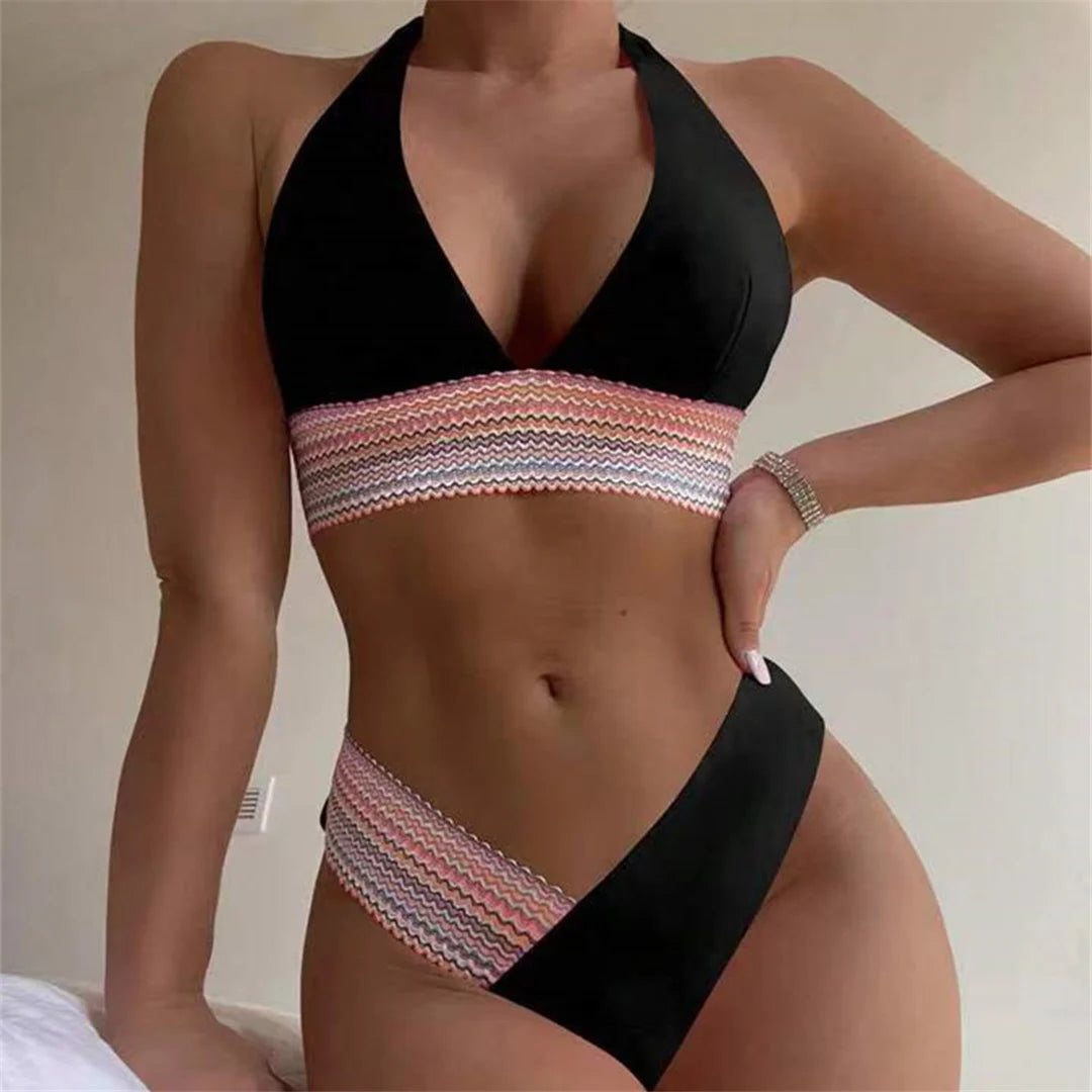 5-Color Splicing Halter V-Neck Bikini Set - Wire-Free Two-Piece Swimsuit (S-XL)