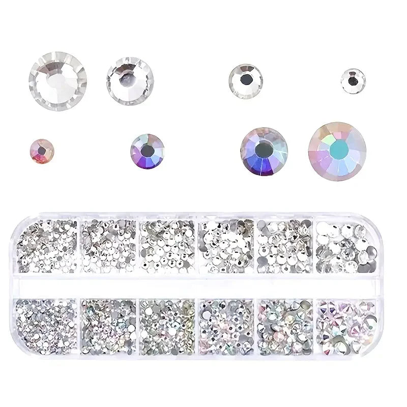 Boxed 3D Flat Back Nail Rhinestones Kit - Glass AB & Clear Crystal Gems DIY Manicure Nail Art Charms