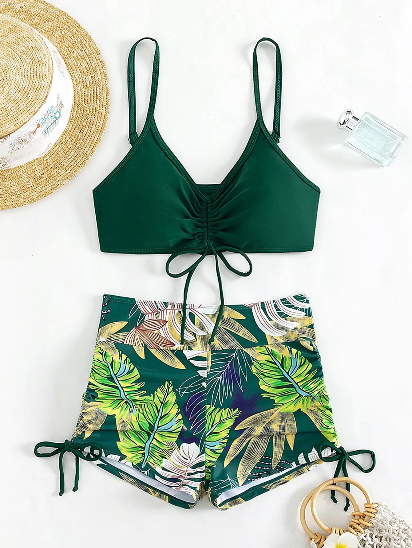 Drawstring Front Shorts Bikinis 2025 High Waist Swimsuit Women Swimwear Two-Piece Set