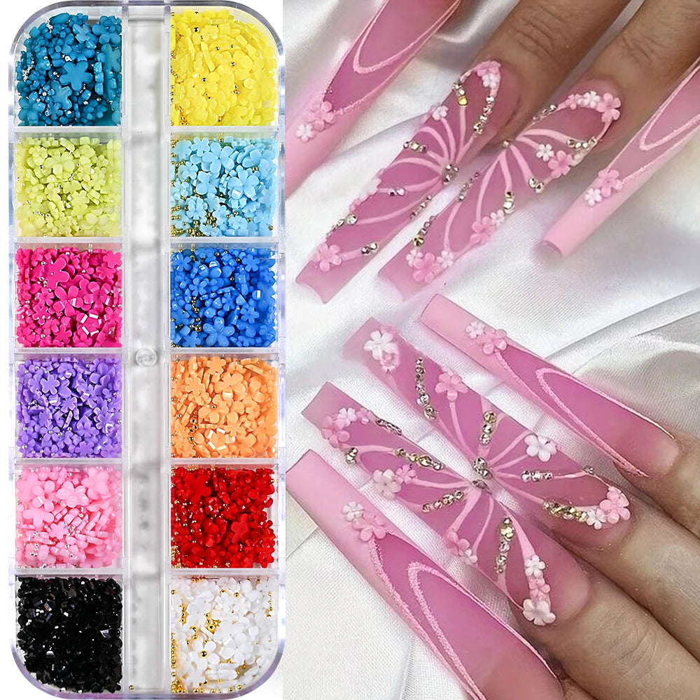 12-Grid Ocean Gold Nail Art Charms Set - Shell, Seahorse & Starfish with White Pearl Gems & Metal Studs