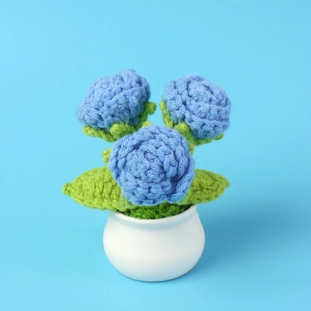 Decorative Knitted Rose Pot | Artificial Flowers for Home & Celebration Decor