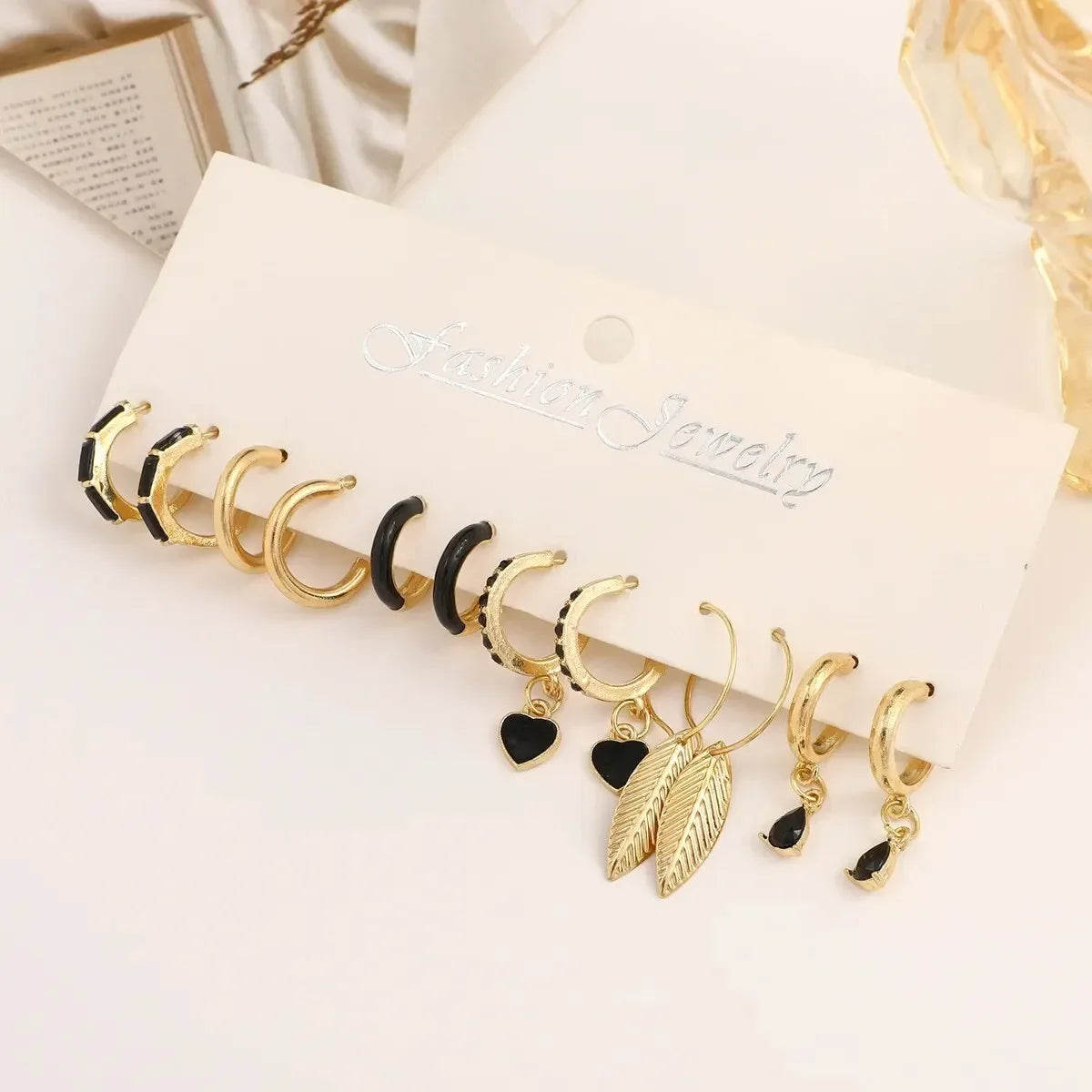 Simple 11 Pcs Black Heart Leaf Butterfly Earrings Set - Women's Fashion Vintage Hoop Earring Collection Holiday Wedding Jewelry Gift