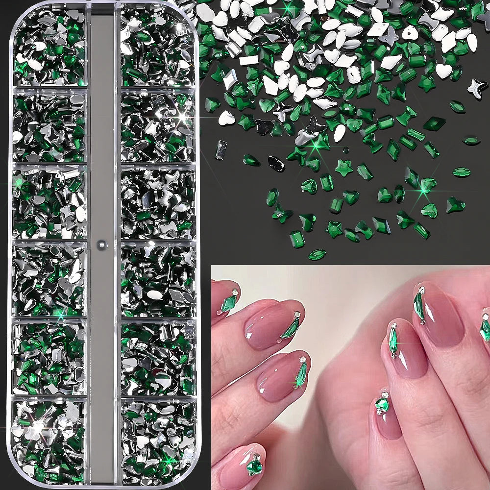 12-Grid Ocean Gold Nail Art Charms Set - Shell, Seahorse & Starfish with White Pearl Gems & Metal Studs