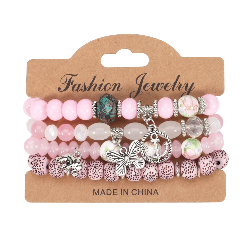 Bohemian Bracelets Set for Women - Stackable Butterfly Elephant Anchor Pendant Beads Bracelet Collection
