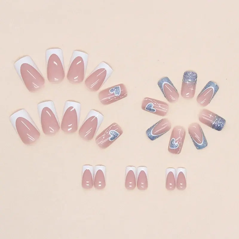 Complete 24-Piece Short French Pop Heart Nails Kit - Everything You Need!
