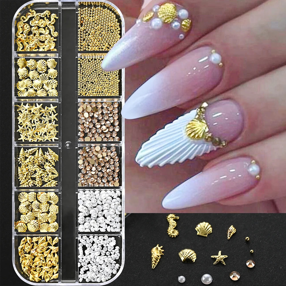 12-Grid Ocean Gold Nail Art Charms Set - Shell, Seahorse & Starfish with White Pearl Gems & Metal Studs