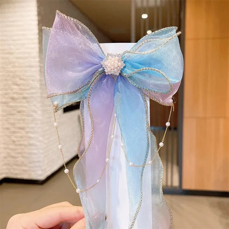 Elegant Mesh Gradient Bow Hair Clips with Tassels - Decorative Barrettes for Girls - Holiday Party Hair Accessories