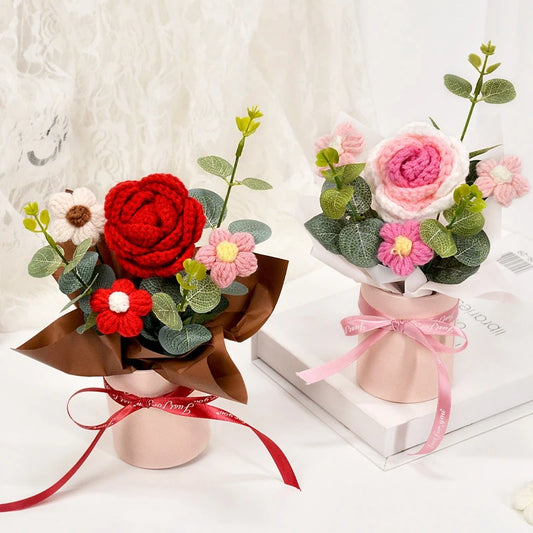 Crochet Rose Bouquet in Hugging Bucket | Perfect Gift for Teachers, Birthdays, Mother's Day & More