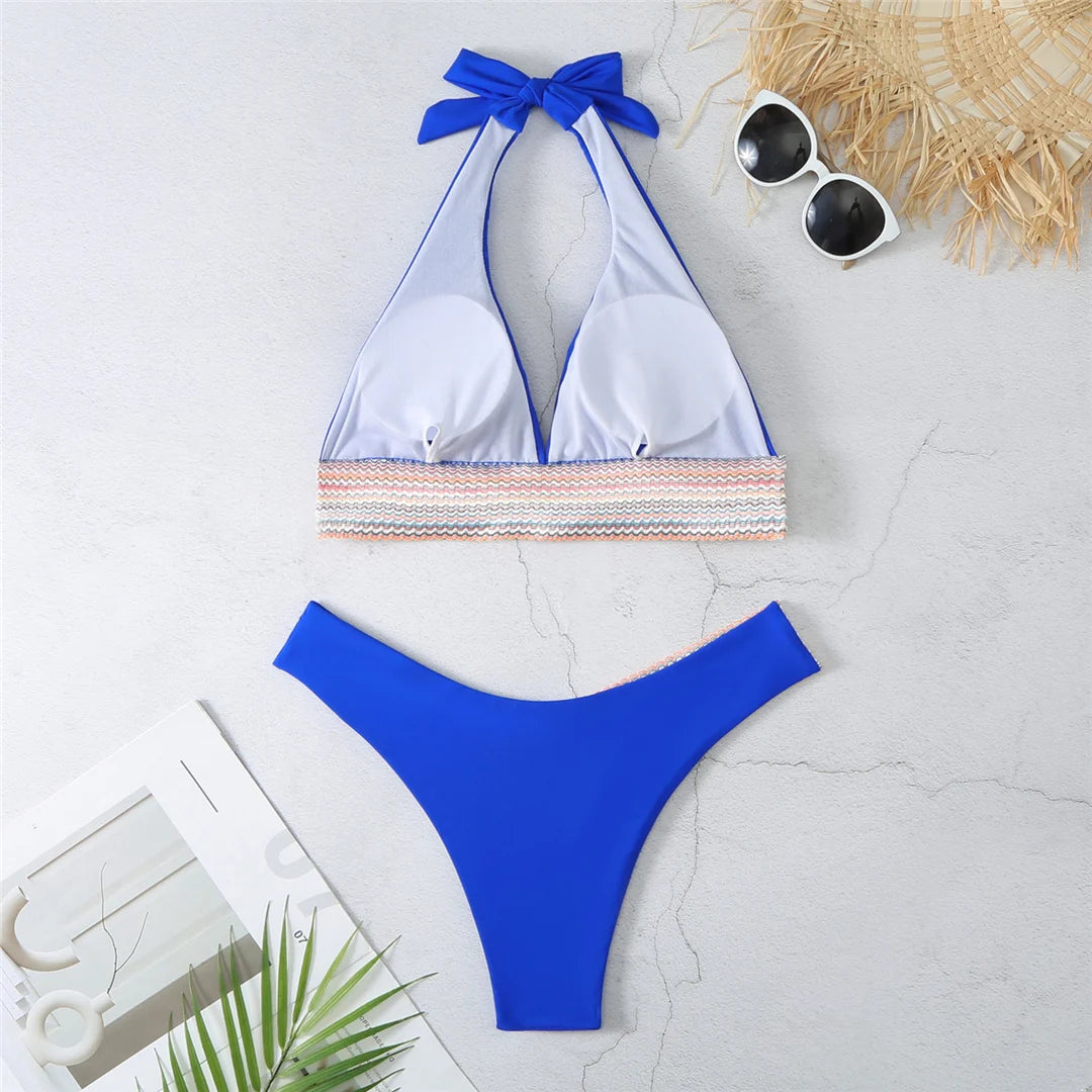 5-Color Splicing Halter V-Neck Bikini Set - Wire-Free Two-Piece Swimsuit (S-XL)
