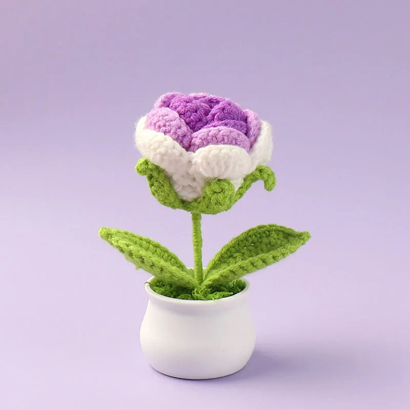 Decorative Knitted Rose Pot | Artificial Flowers for Home & Celebration Decor
