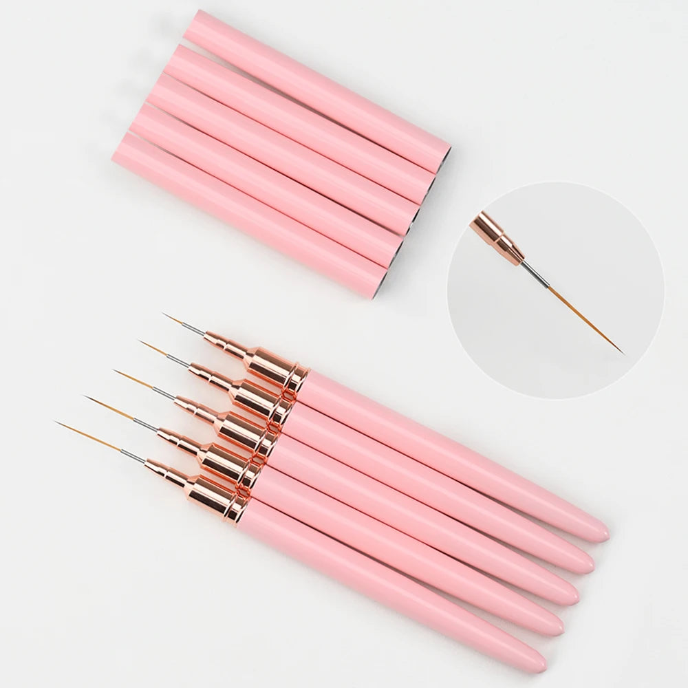 5Pcs Pink French Nail Art Liner Painting Brush Set - Ultra-thin 7/10/12/15/20m Elongated Lines Drawing Pen DIY Manicure