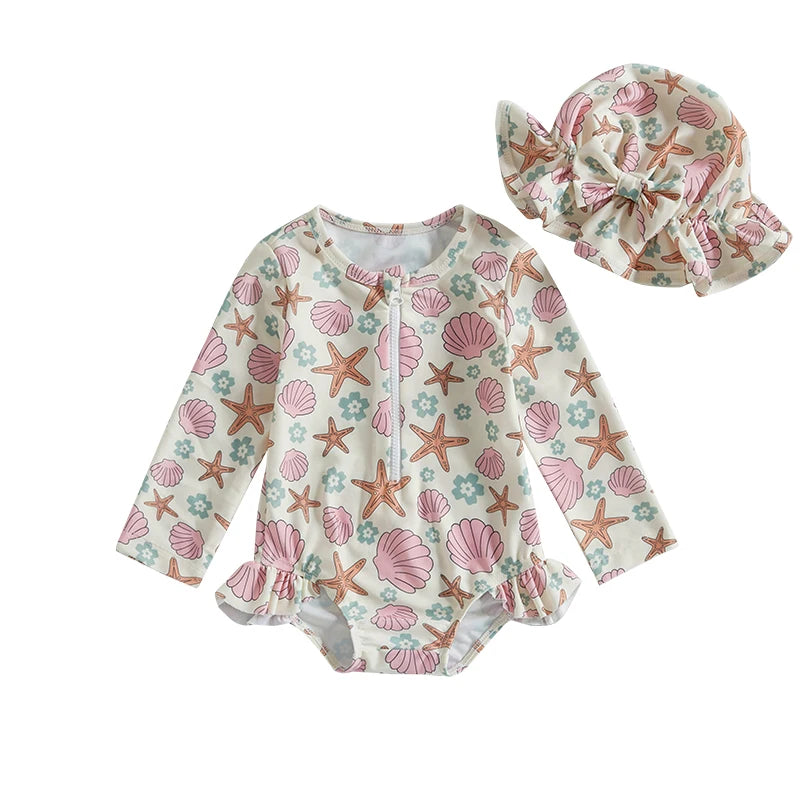 Baby Girl Floral Swimsuit - Backless Ruffled Long Sleeve Bodysuit (0-4 Years)