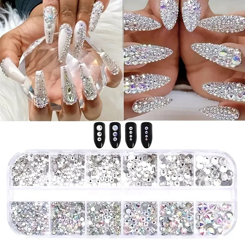 Boxed 3D Flat Back Nail Rhinestones Kit - Glass AB & Clear Crystal Gems DIY Manicure Nail Art Charms