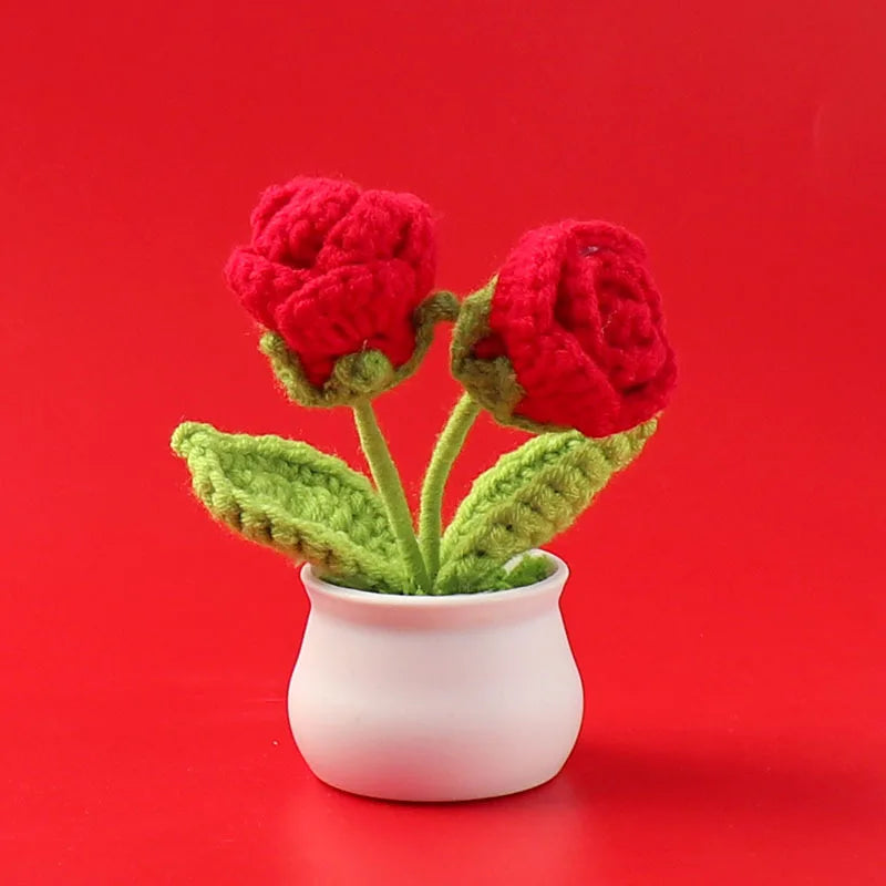 Decorative Knitted Rose Pot | Artificial Flowers for Home & Celebration Decor