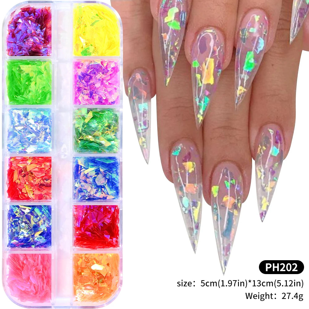 12-Grid Ocean Gold Nail Art Charms Set - Shell, Seahorse & Starfish with White Pearl Gems & Metal Studs