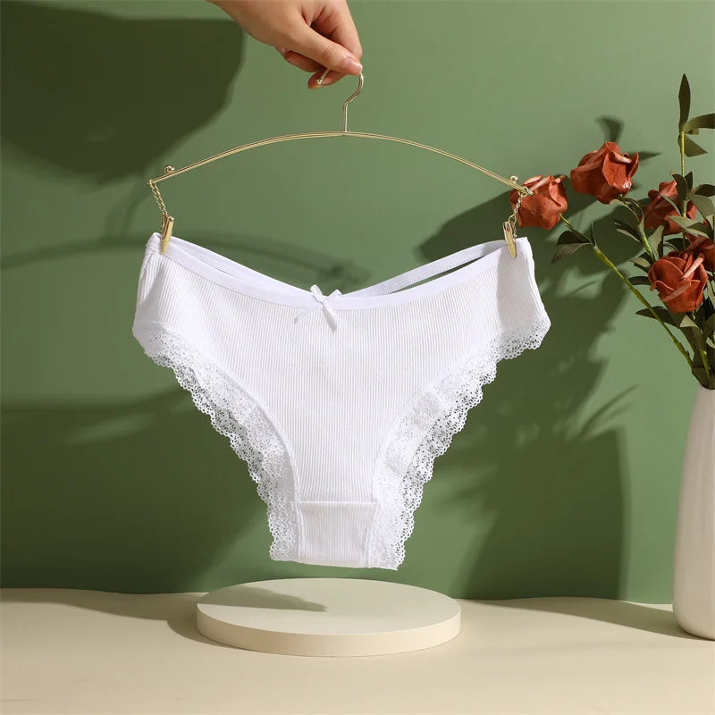 3PCS Women's Cotton Panties Set - Low Rise Lace Brazilian Bikini Underwear with Bow Detail (S-XL)