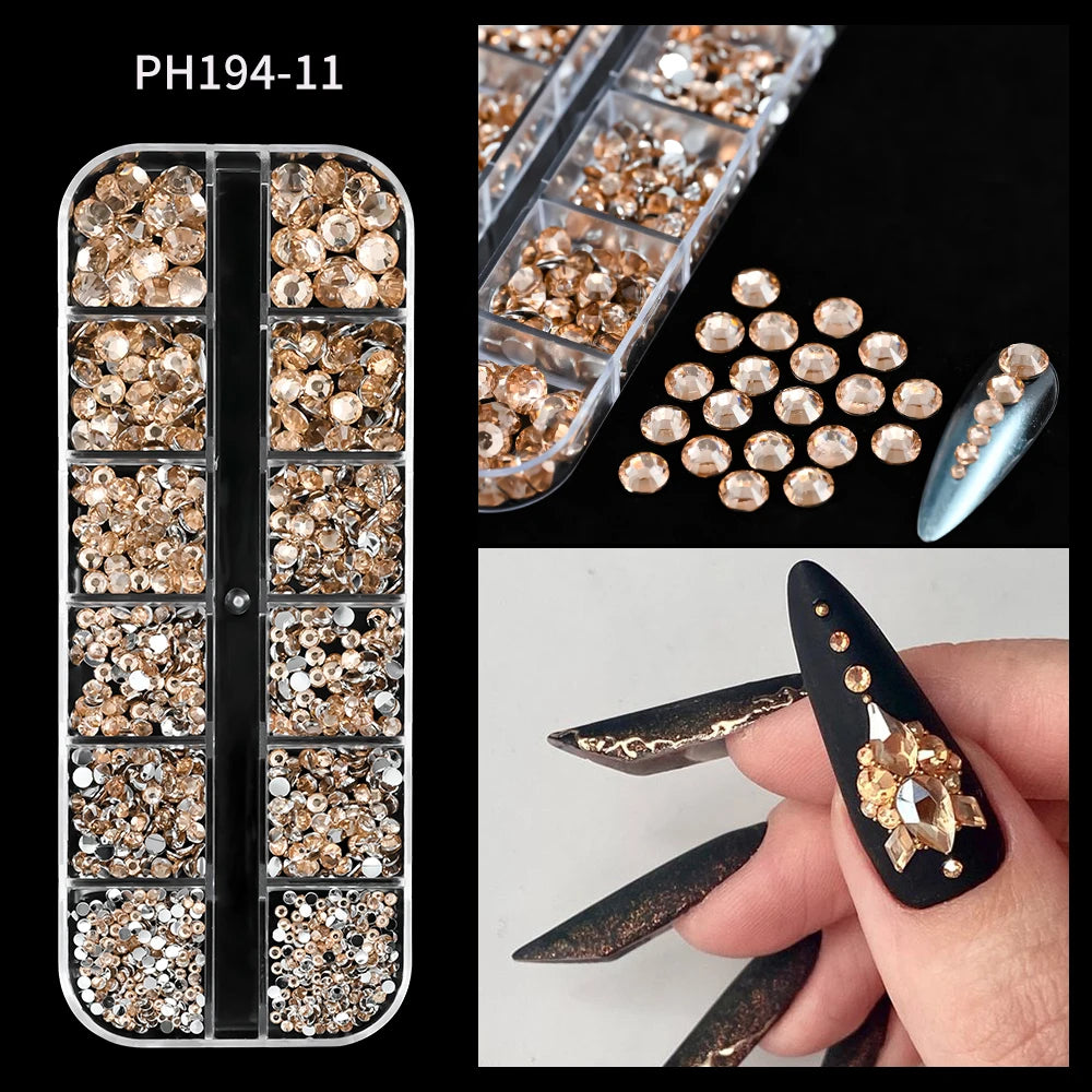 12-Grid Ocean Gold Nail Art Charms Set - Shell, Seahorse & Starfish with White Pearl Gems & Metal Studs