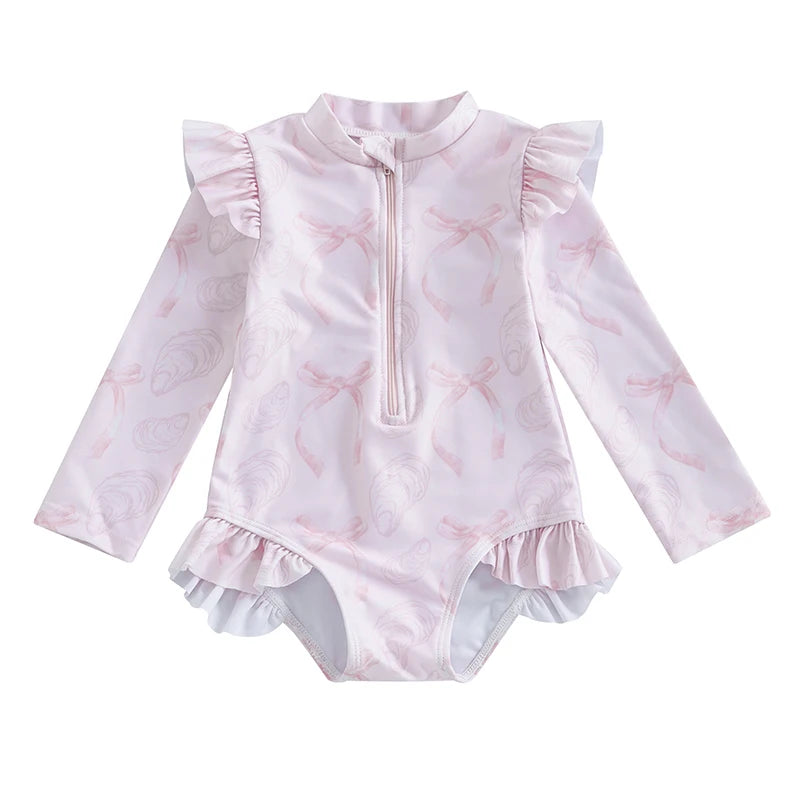 Baby Girl Floral Swimsuit - Backless Ruffled Long Sleeve Bodysuit (0-4 Years)
